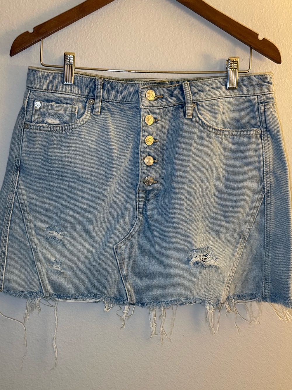 We The Free Light Blue Distressed Denim Mini Skirt